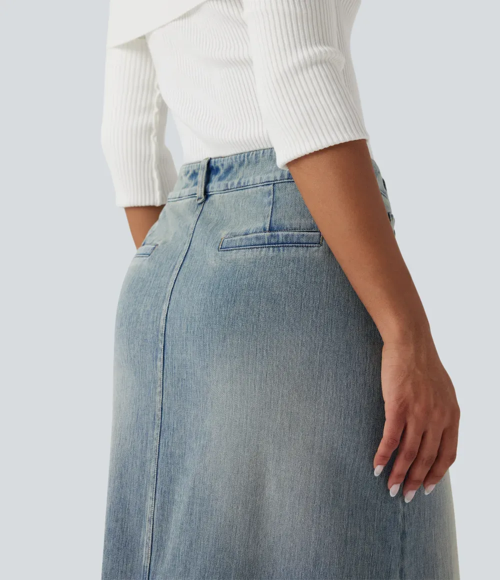 Halara FlexTM Mid Rise Contrast Leopard Mesh Midi Denim Casual A-line Skirt with Pockets