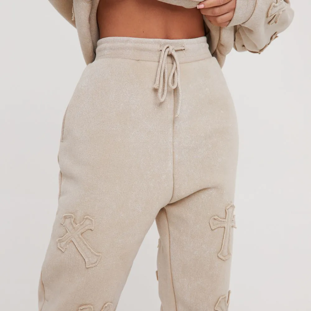 High Waist Cross Patch Detail Oversized Straight Leg Joggers In Acid Wash Stone