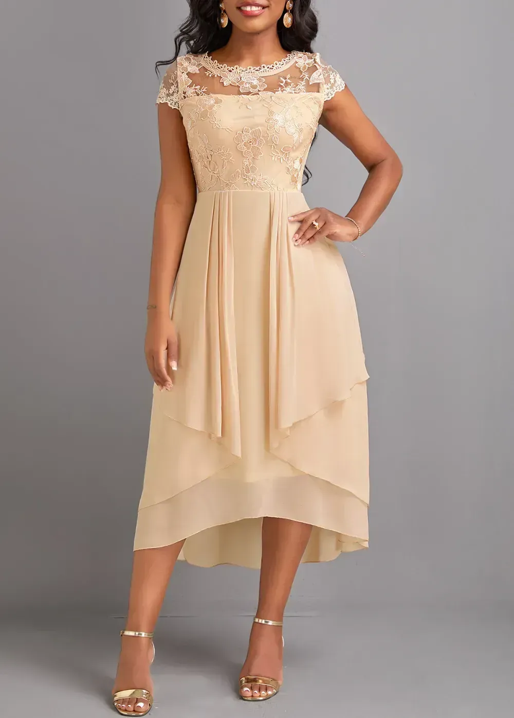 Champagne Lace High Low Short Sleeve Dress