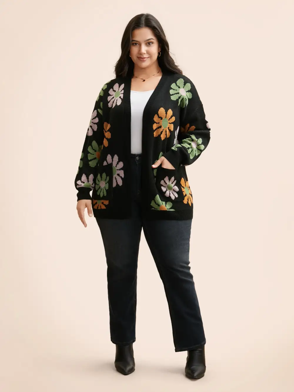 Contrast Floral Patch Pocket Cardigan