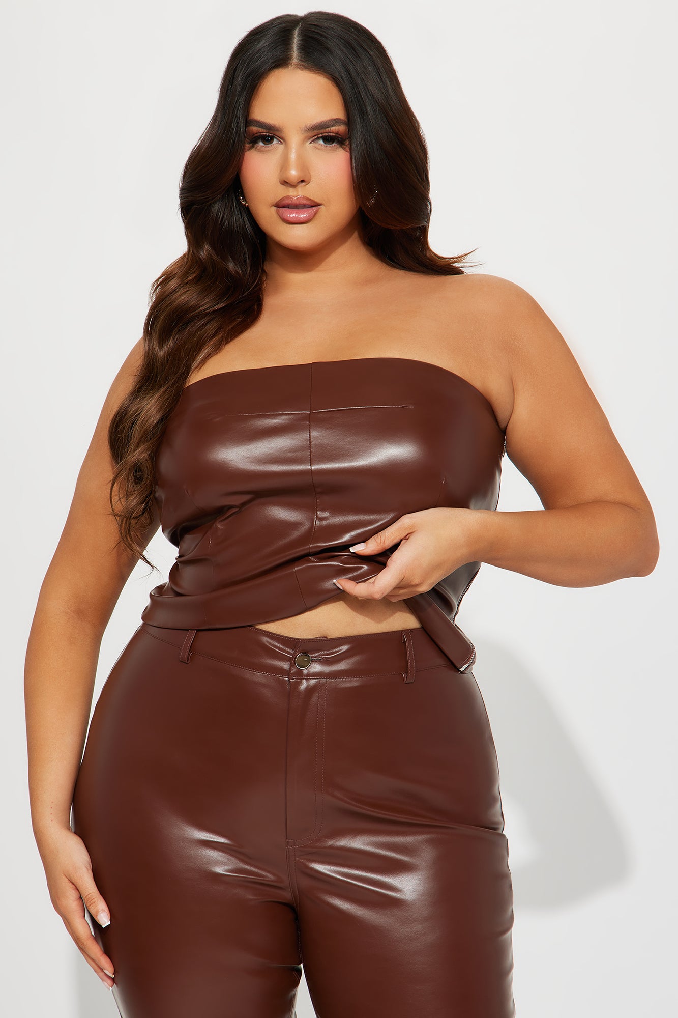 Turning Heads Faux Leather Pant Set - Brown