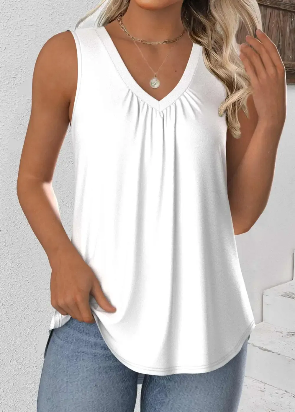 White Sleeveless V Neck Tank Top