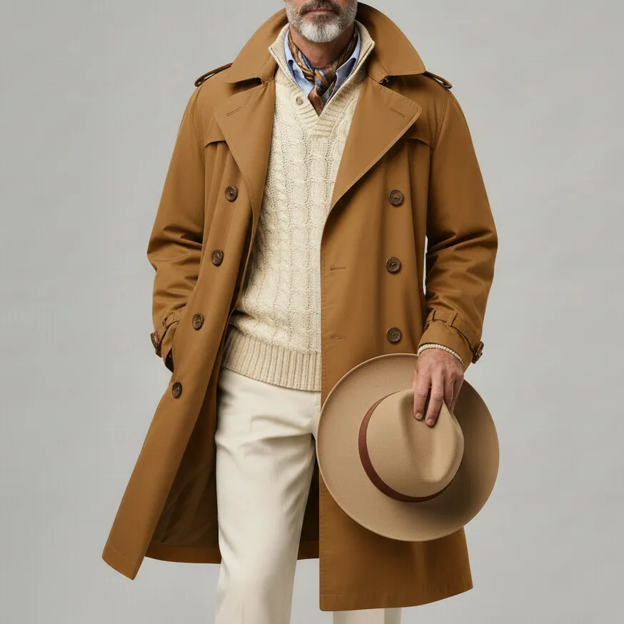 Men's Camel Lapel Collar Long Sleeve Double Breasted Pocket Trench Coat