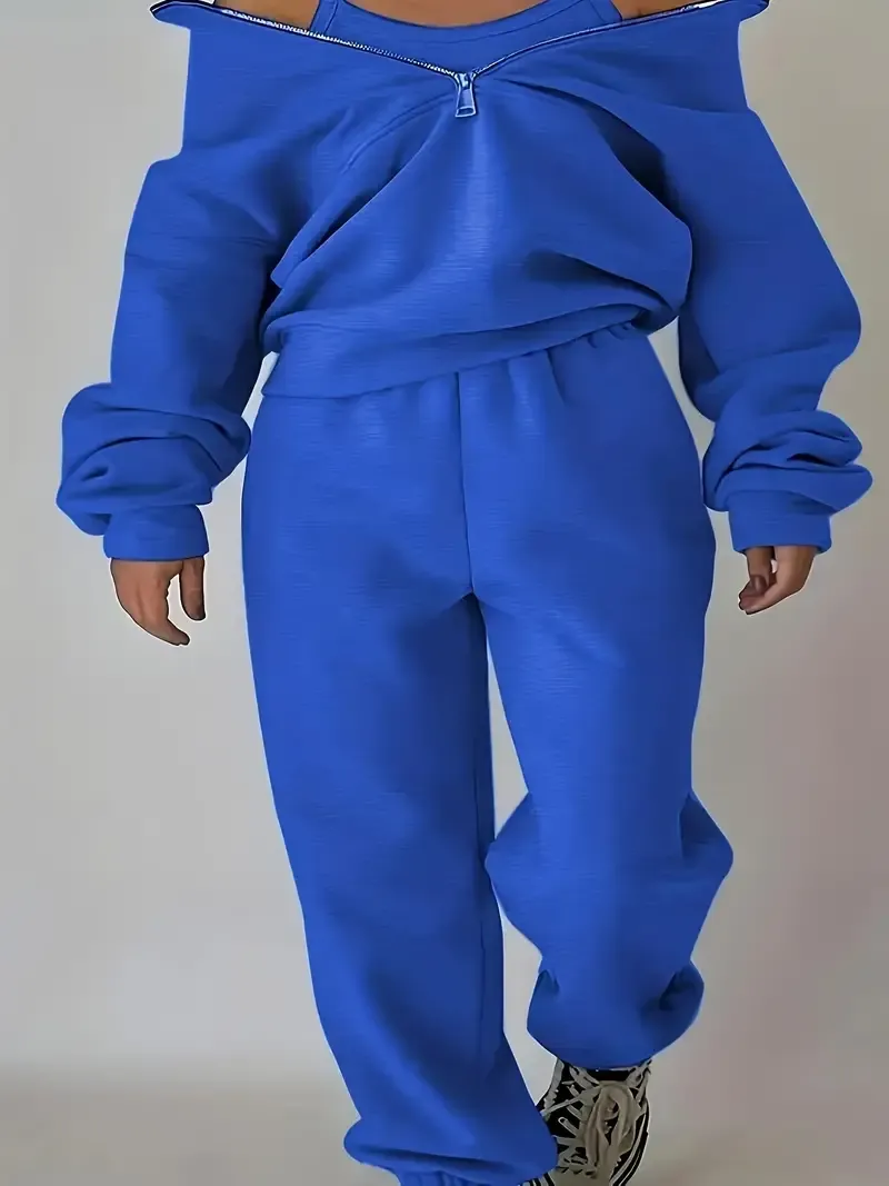 Two-Piece Solid Color Casual Outfit - High Neck Zip Front Long Sleeve Sweatshirt & Elastic Waist Pants