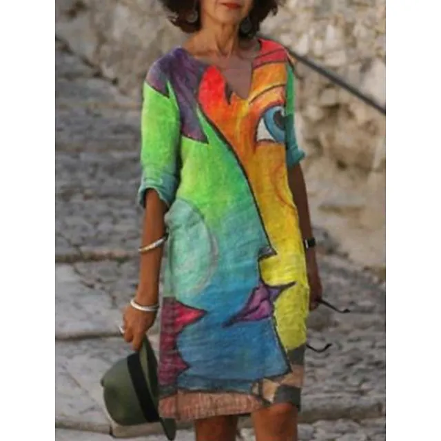 Women‘s Casual Dress Midi Dress Leopard Black White Half Sleeve Floral Print