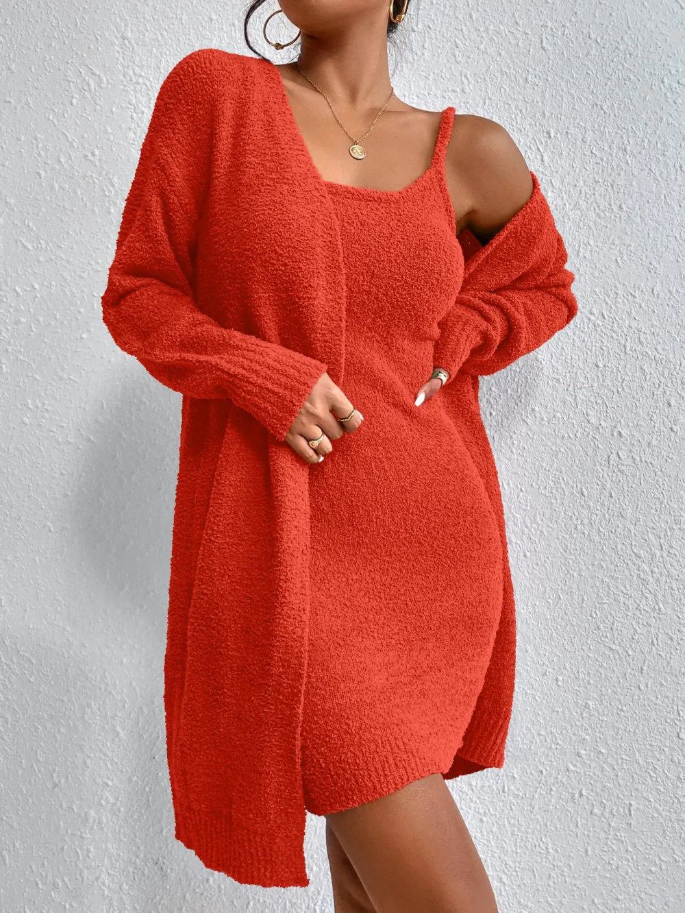 Solid Cami Sweater Dress & Drop Shoulder Cardigan