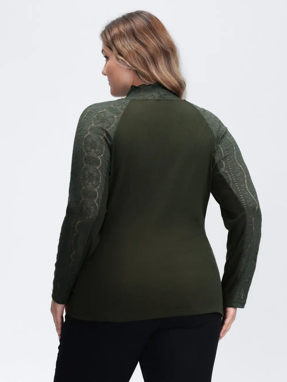 Mock Neck Lace Splicing Ribbed Texture T-Shirt