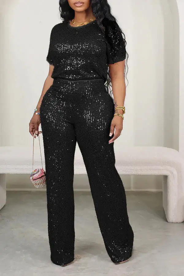 Sequin Short Sleeve Pant Set