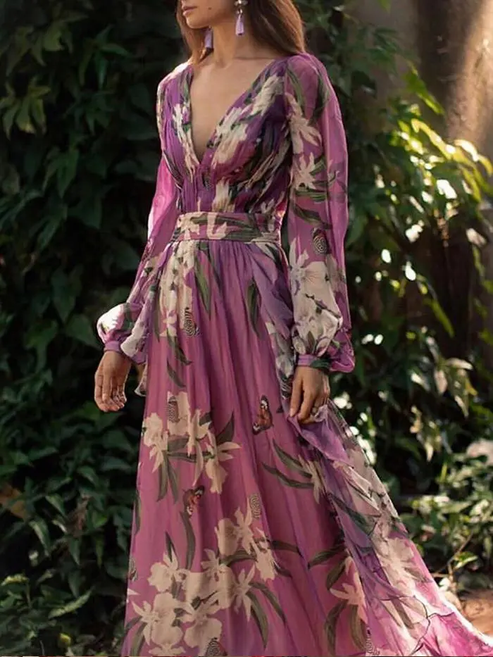 Women's New Elegant V-neck Printed Dress with Big Swing