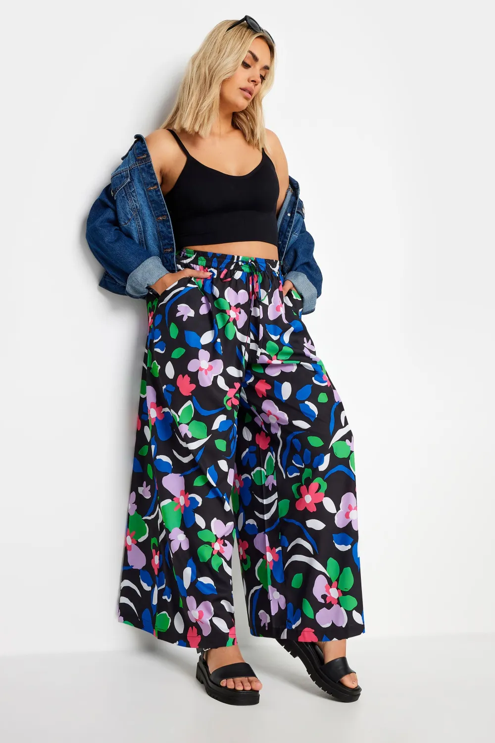 YOURS Curve Blue Abstract Print Drawstring Wide Leg Trousers