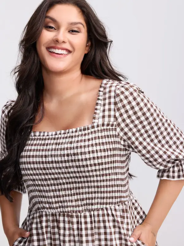 Gingham Lace Shirred Tiered Midi Dress