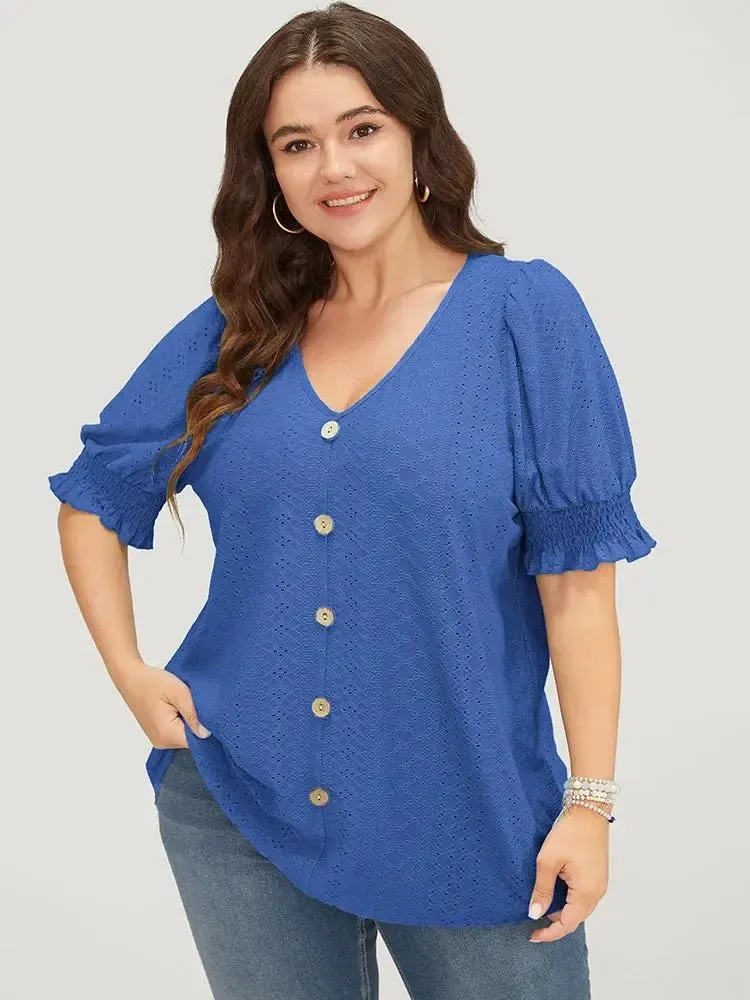 Plain Broderie Anglaise Shirred Puff Sleeve Button Detail T-shirt