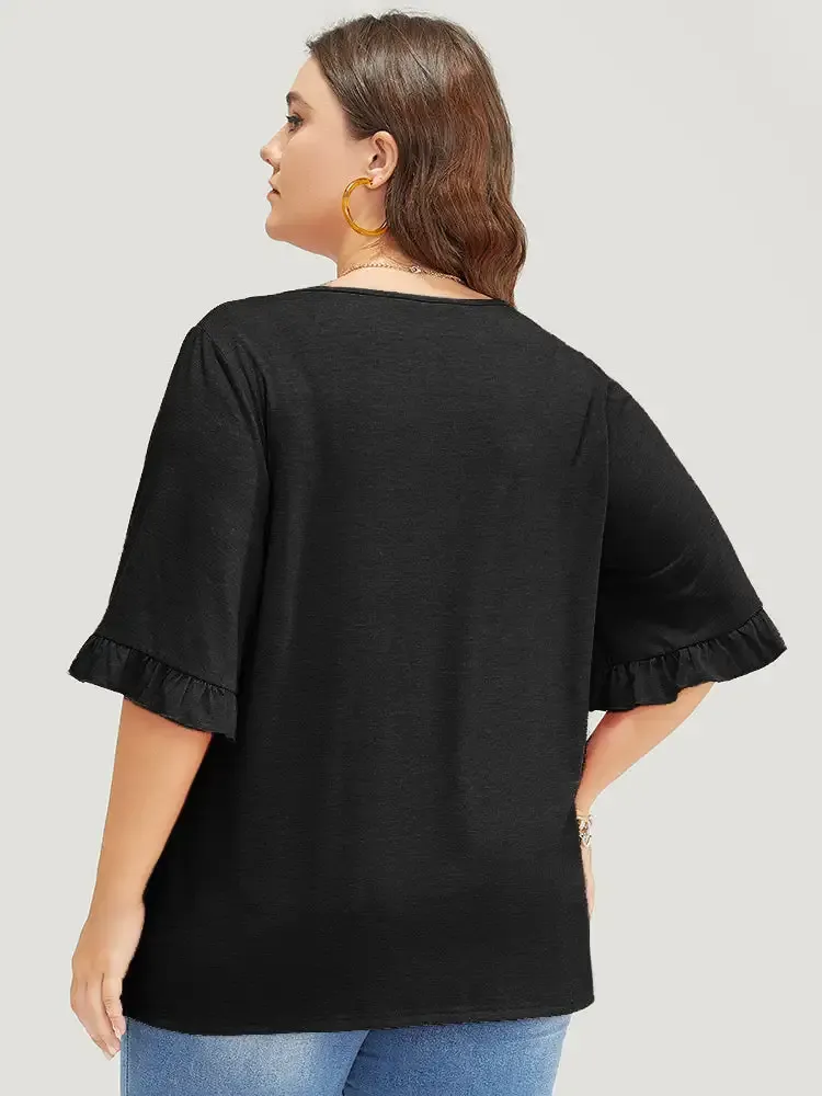 Solid Gathered Ruffle Trim Flounce Sleeve T-shirt