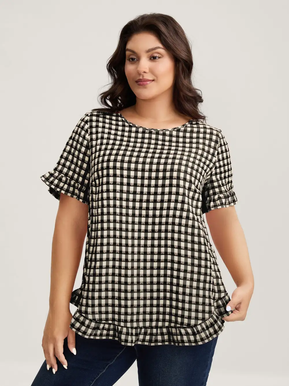 Gingham Print Button Back Blouse