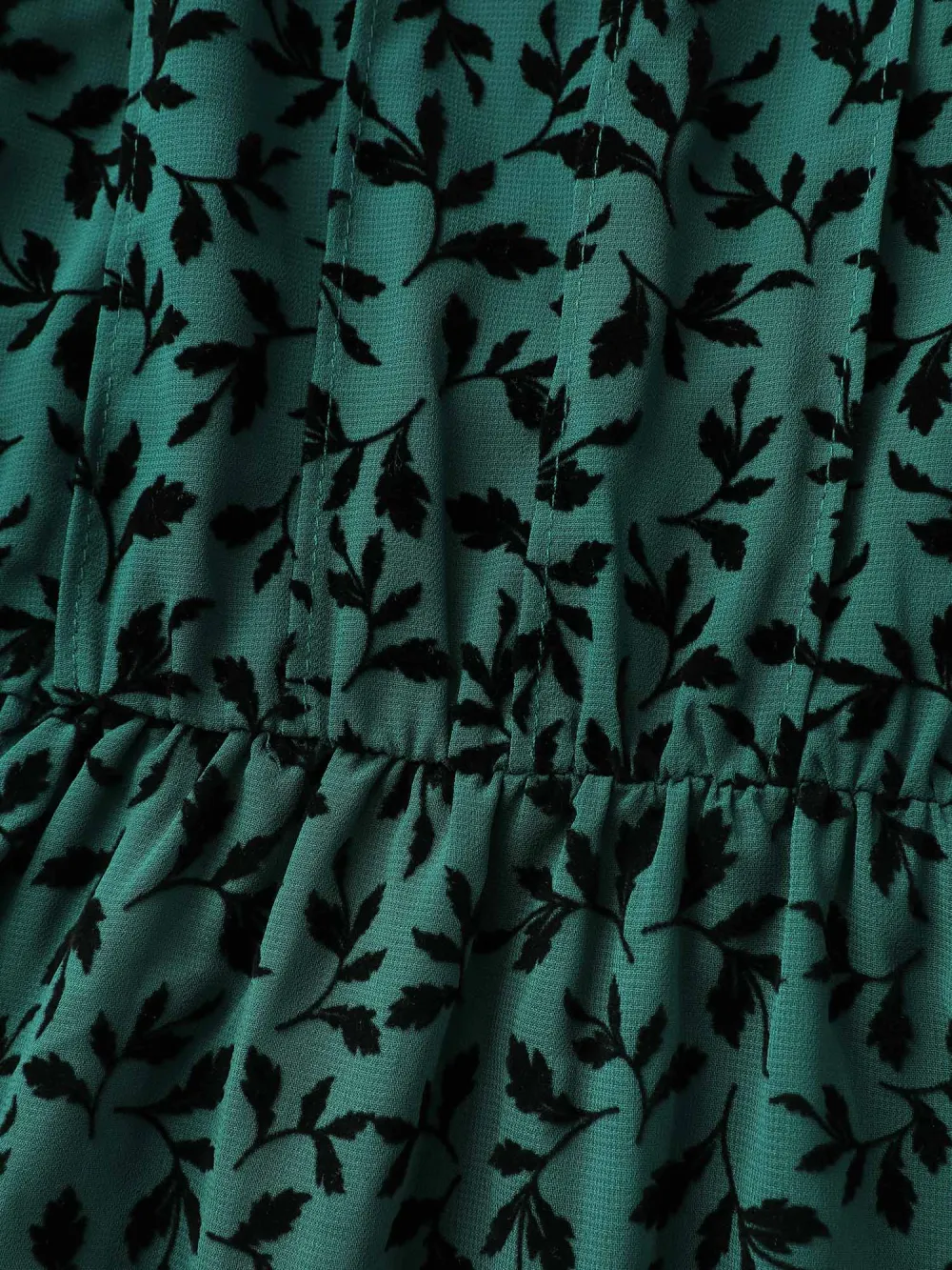 Flocked Floral Shirred Ruffled Neck Midi Dress