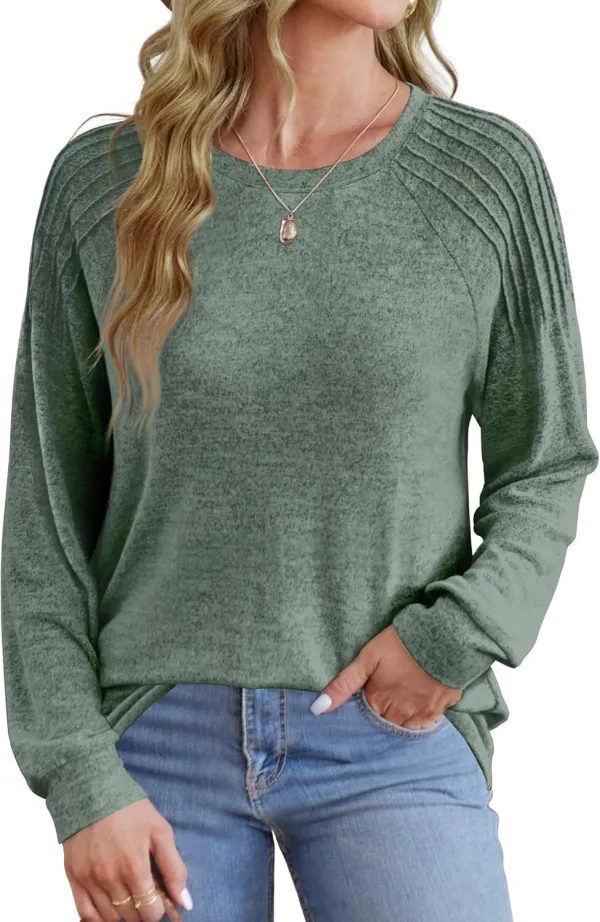 Sweatshirt for Women Crewneck Pleated Long Sleeve Shirts Tunic Tops Fashion 2024