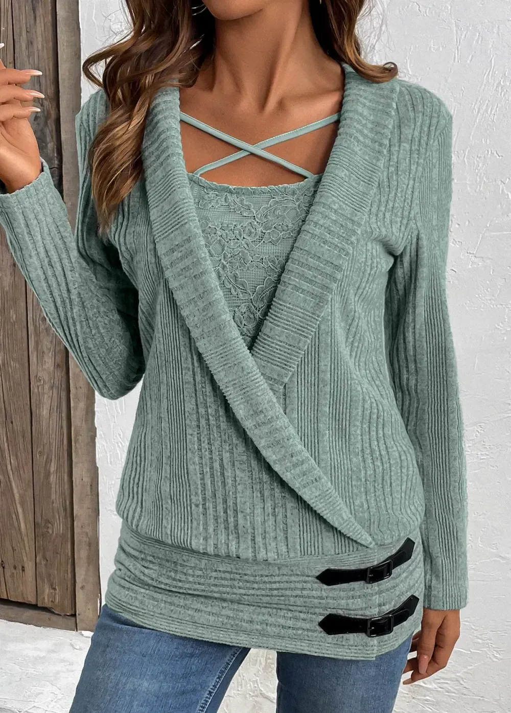 Green Surplice Long Sleeve Fake Two Piece Twinset