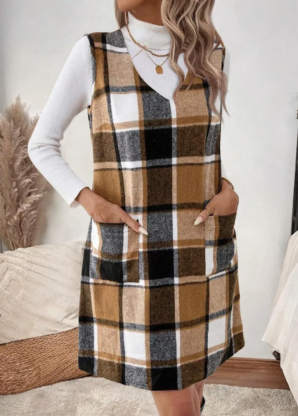 Gray Brown Tummy Coverage Plaid Short Sleeveless Tank Dress