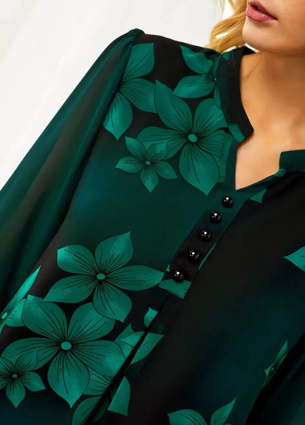 Split Neck Large Floral Print Button Detail Blouse