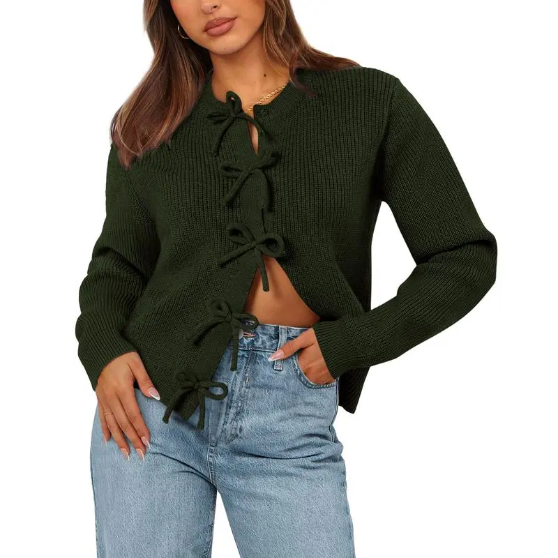 Cardigan Sweaters for Women Trendy 2025 Fall Open Front Long Sleeve Button Down Bow Knot Cropped Lady Jacket