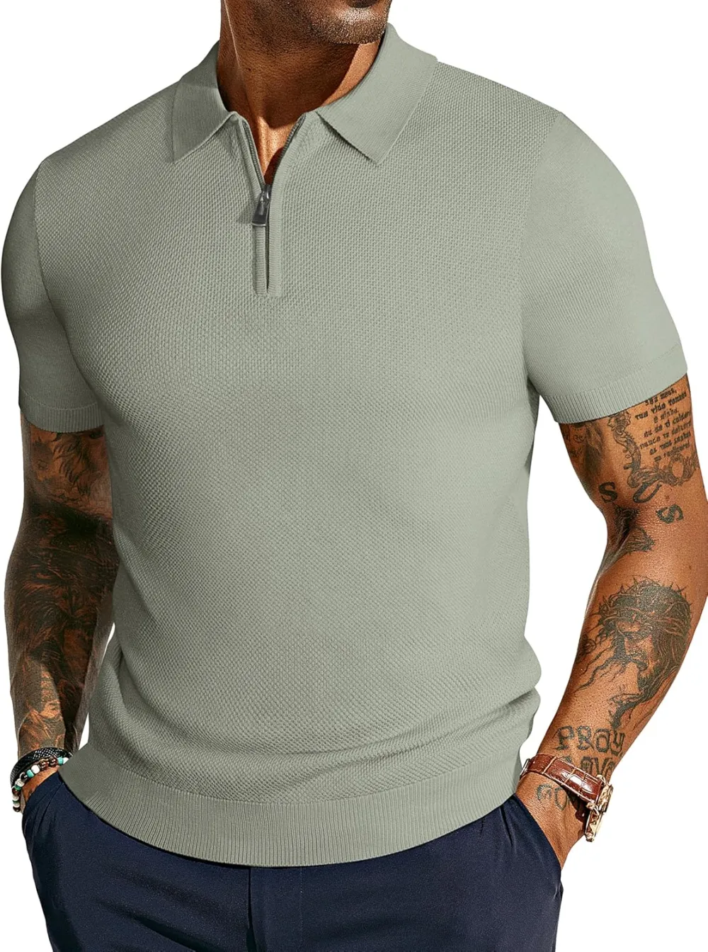 Men's Zipper Polo Shirt Textured Casual Knit Short Sleeve Polo T Shirt