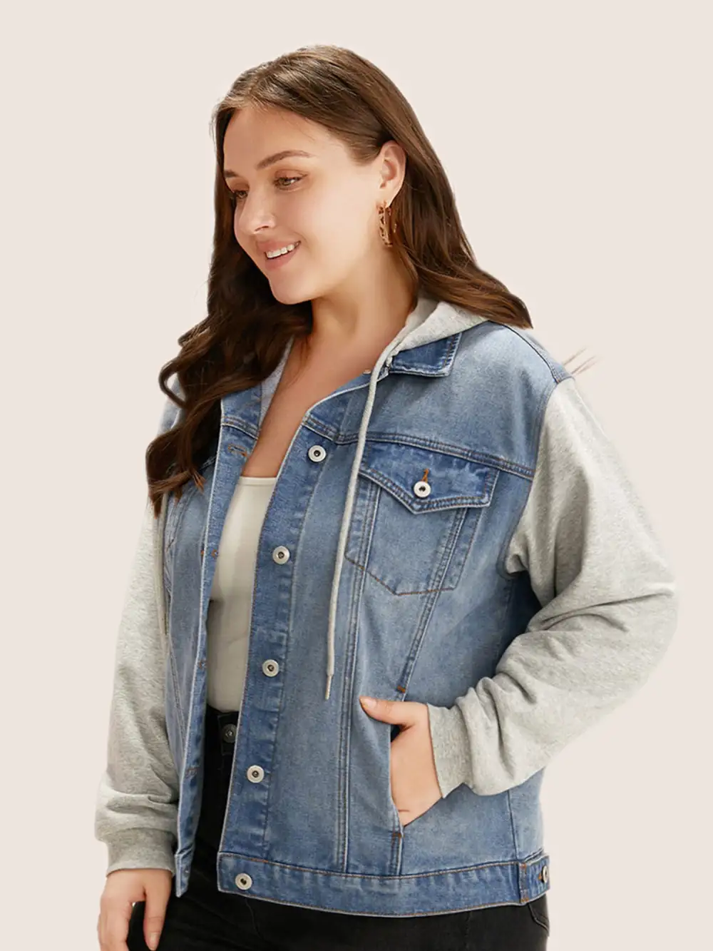 Hooded Patchwork Flap Pocket Denim Jacket