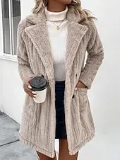Women's Winter Coat Sherpa Jacket Comfortable Breathable Pocket Buttons Casual Plain Vacation Street Casual Daily Wear Double Breasted Regular Turndown Regular Fit Long Sleeve Outerwear Khaki Spring