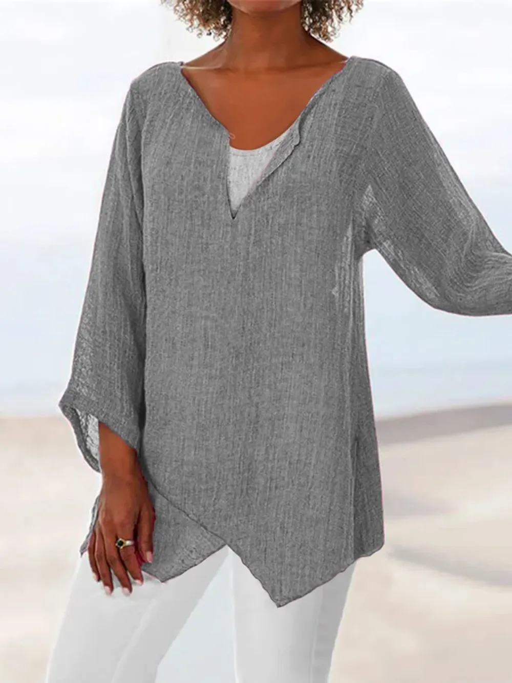 V Neck Asymmetric Solid Causal Tunic Tops