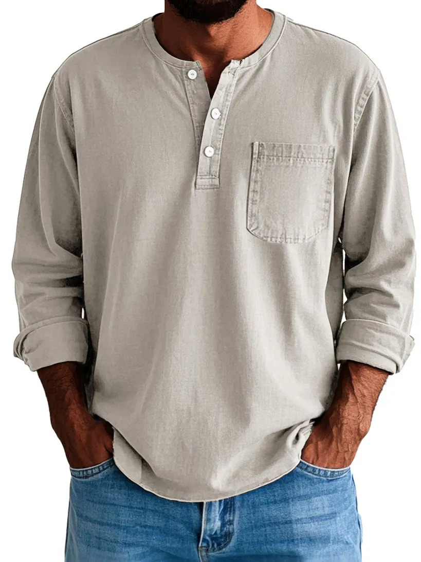 Men's Fashion Vintage Washed Cotton Long Sleeve Pocket Henley Shirt