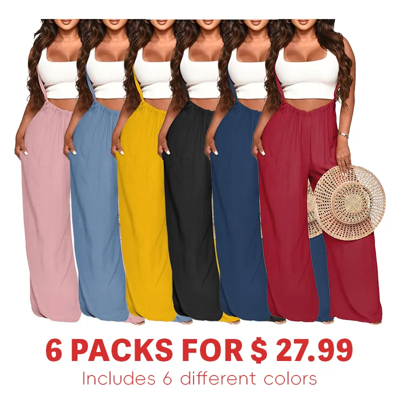 Womens Jumpsuit Casual Loose Sleeveless Adjustable Spaghetti Straps Wide Leg Pants Baggy Overalls With Pockets