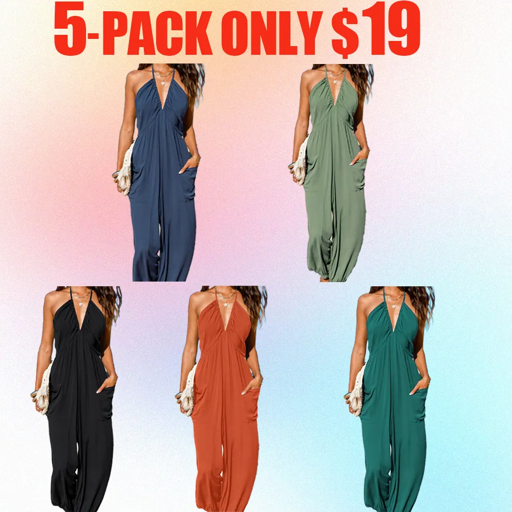 Women's Plunge Halter Jumpsuit – Sleeveless Pleated Maxi Romper with Pockets