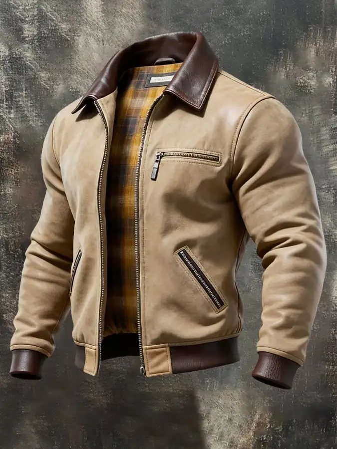 Men's Vintage Suede Leather Stitching Warm Multi-Pocket Outdoor Jacket