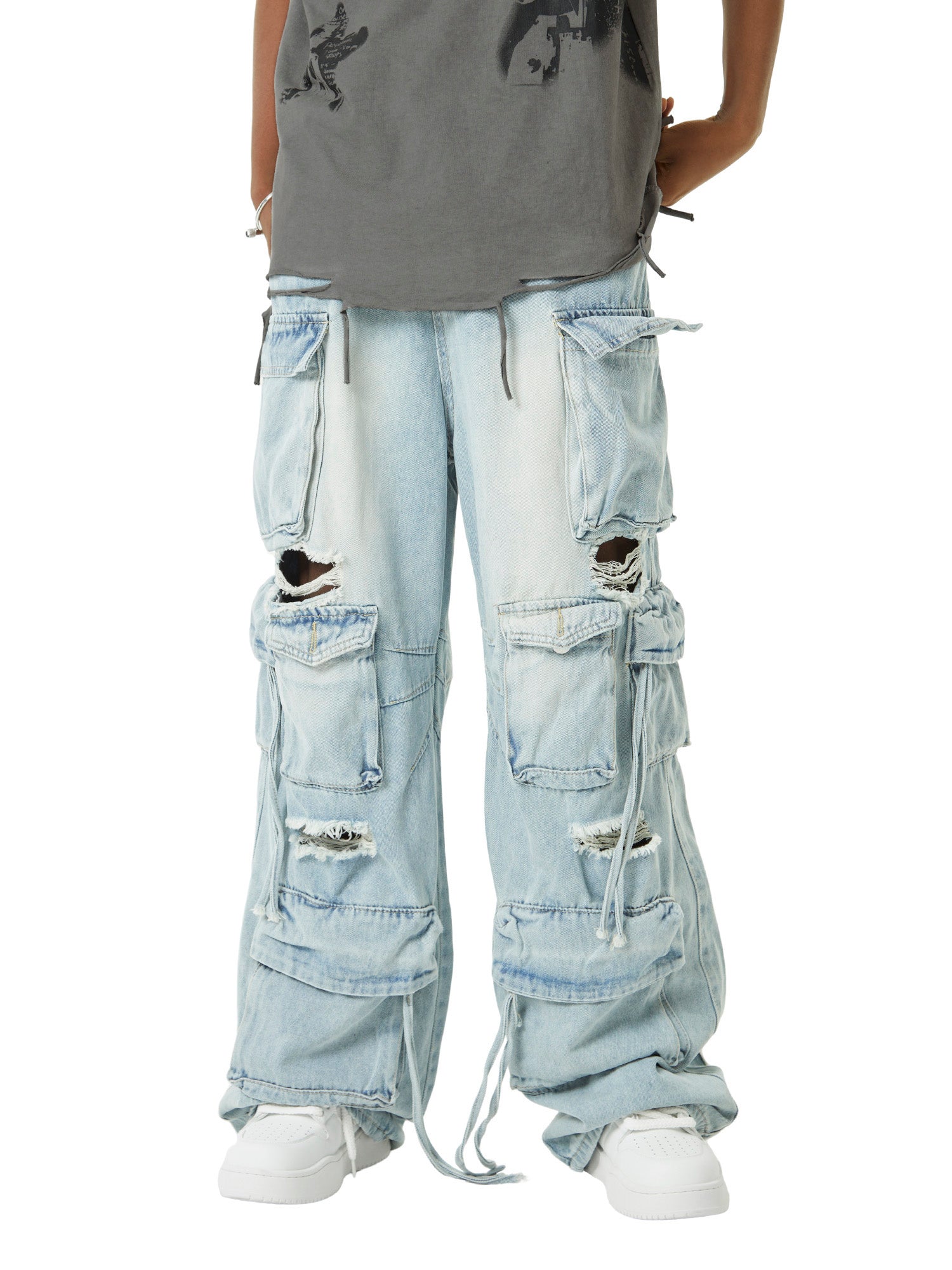 Washed Multi-pocket Work Cargo Jeans - 1830