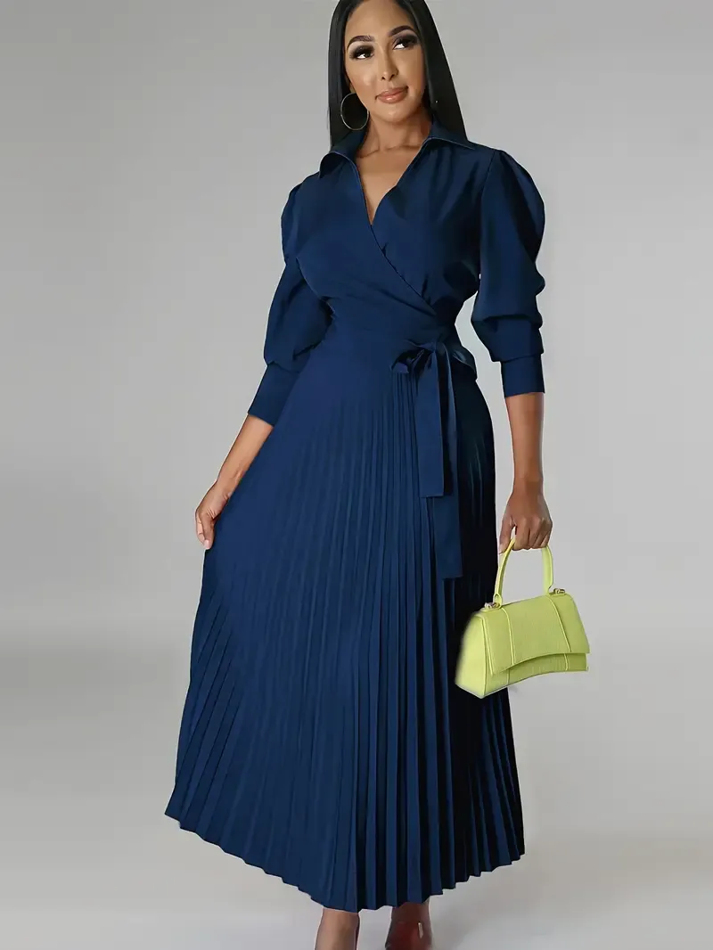 Elegant 3/4 Sleeve Solid Pleated Dress