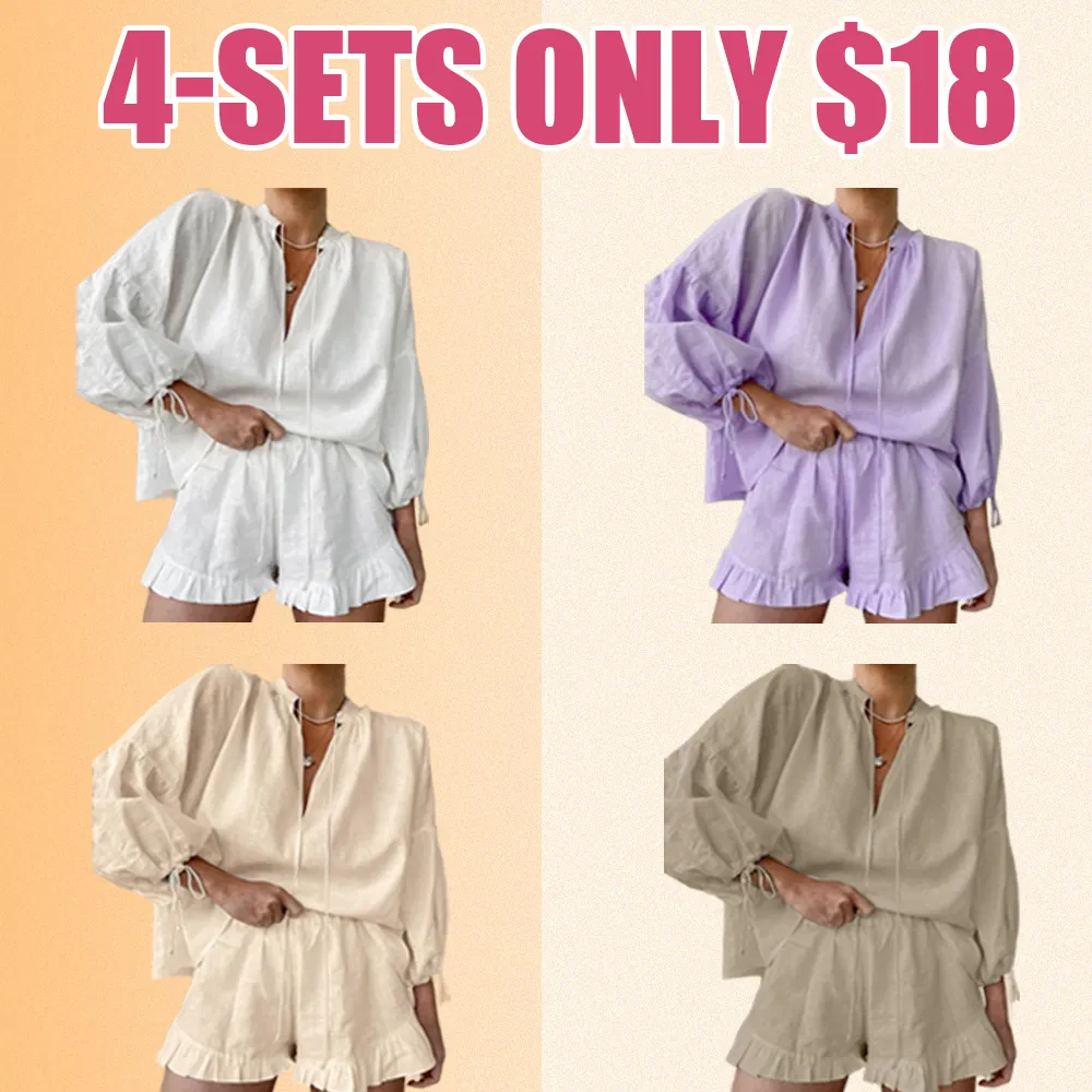 Women's Solid Color V-Neck Tie Top & Elastic Waist Shorts 2-Piece Summer Set