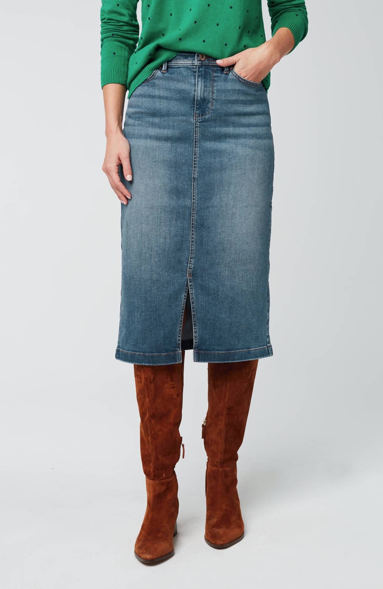 Slit-Hem Denim Skirt