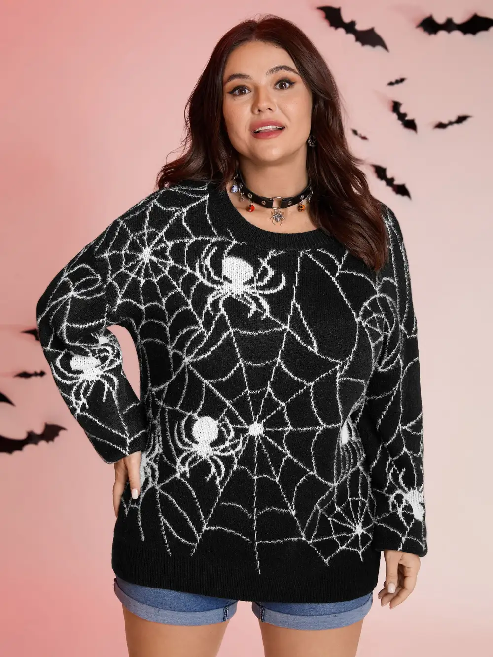 Spiderweb Jacquard Print Ribbed Pullover