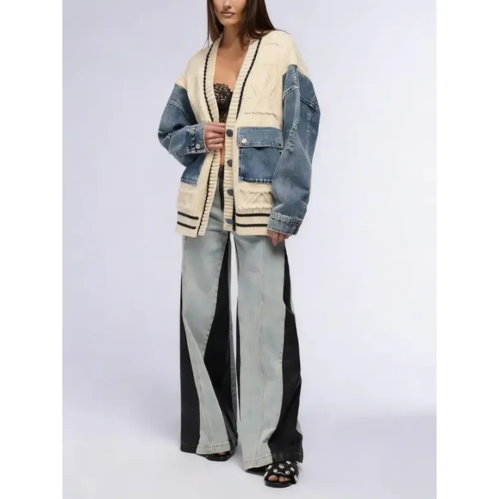 Unique Denim Patchwork Cable Knitted Coat