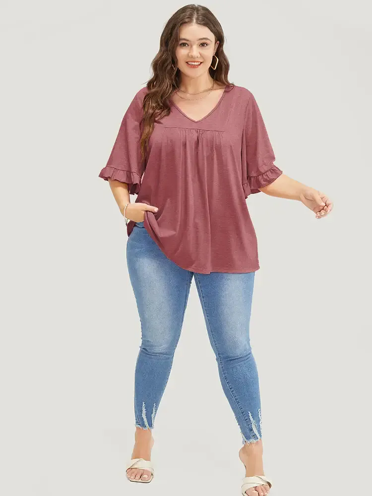 Solid Gathered Ruffle Trim Flounce Sleeve T-shirt