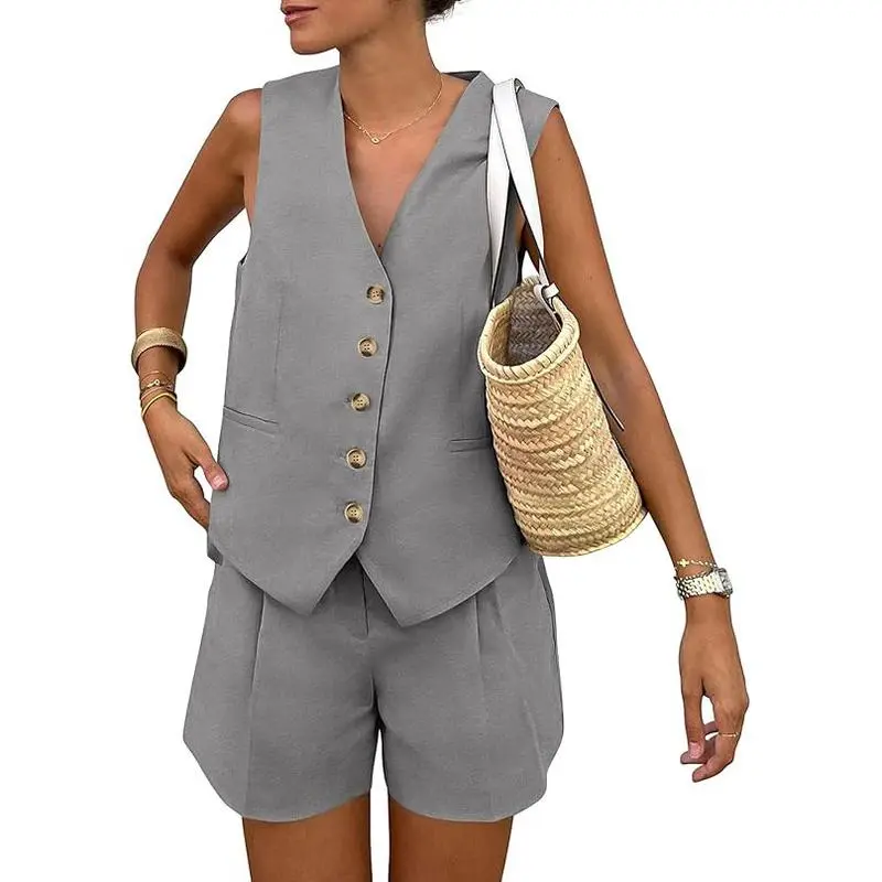 Women's 2-Piece Summer Outfit – Sleeveless V-Neck Button Down Top & Shorts Set with Pockets, Minimalist Casual Loungewear
