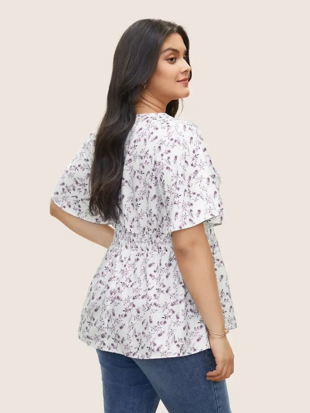 Floral Pleated Elastic Waist Ruffle Sleeve Blouse