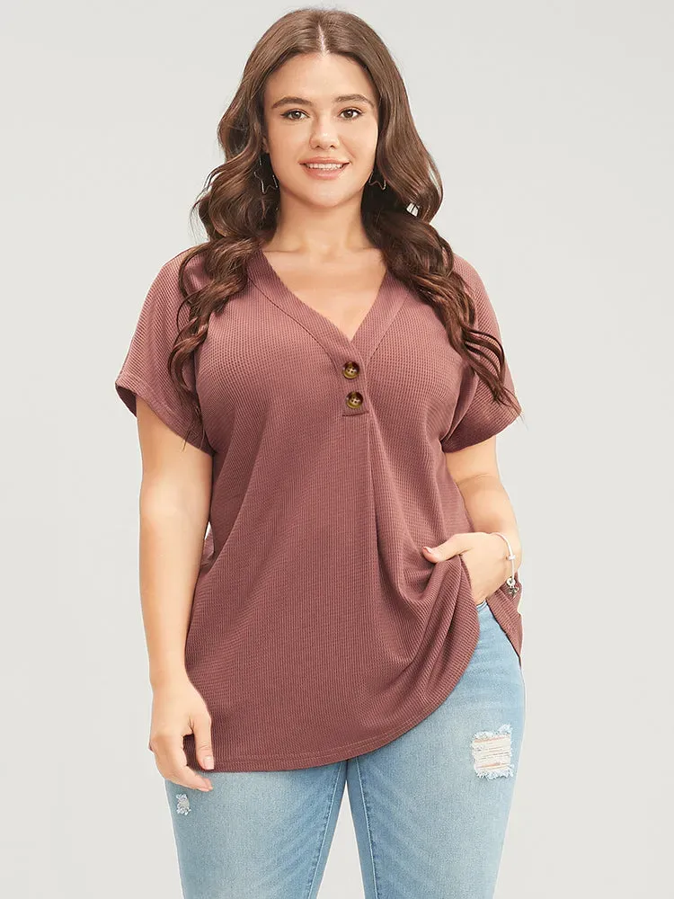 Solid Dolman Sleeve Button Detail Waffle Knit T-shirt