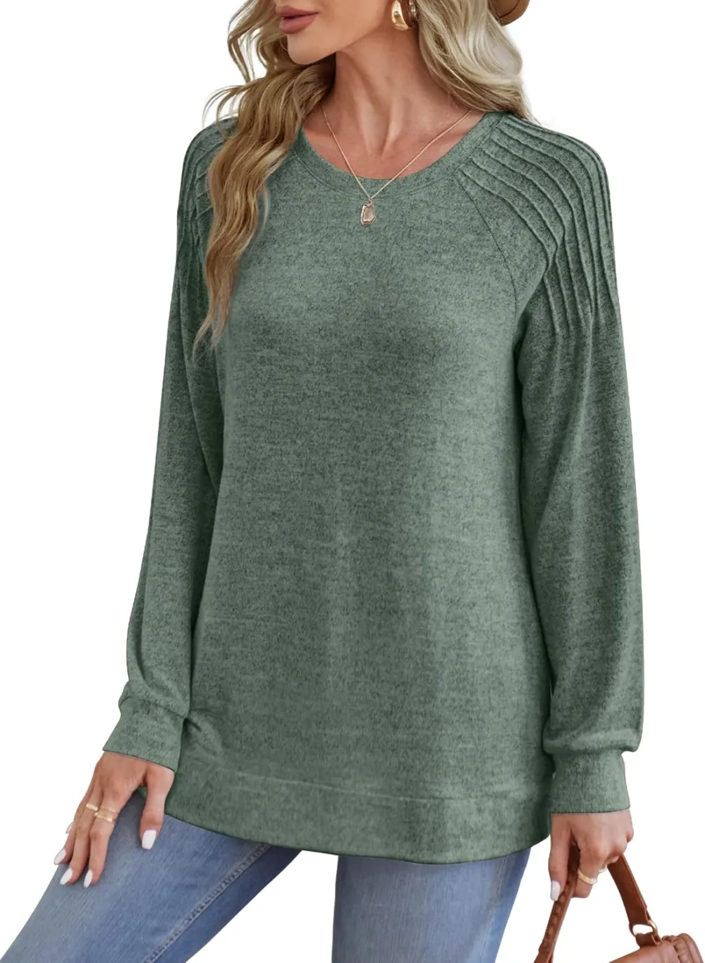 Sweatshirt for Women Crewneck Pleated Long Sleeve Shirts Tunic Tops Fashion 2024