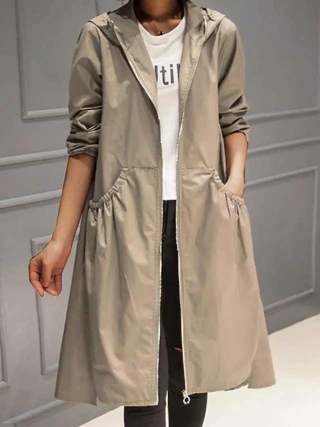 Women's Trench Coat Fall Windproof Outdoor Zipper Plain Maillard Fashion Regular Fit Outerwear Long Sleeve Black M