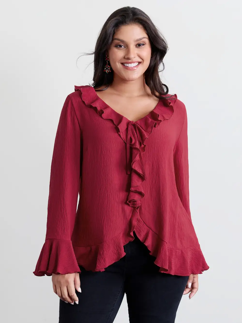 Ruffled V-Neck Curvy Edge Blouse