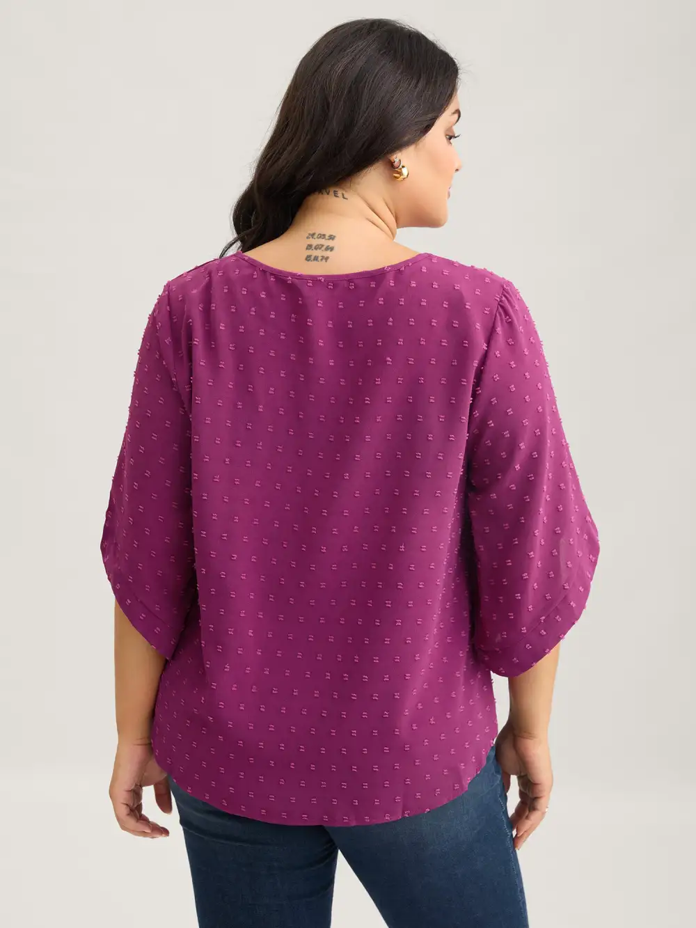 Textured Round Neck Bell Sleeve Blouse