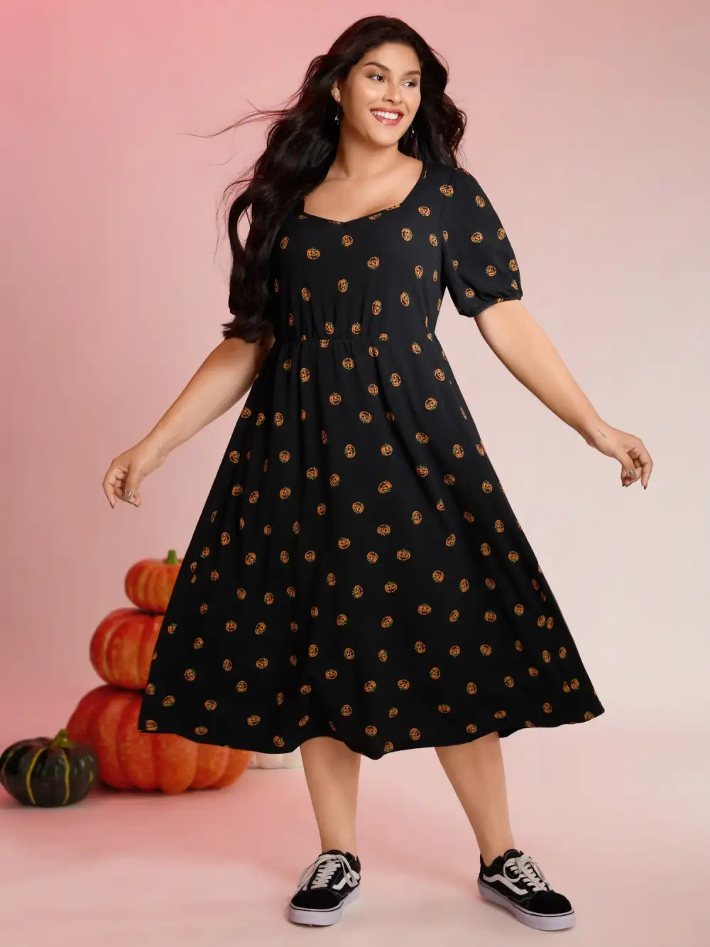 Micro Pumpkin Print Stretchy Midi Dress