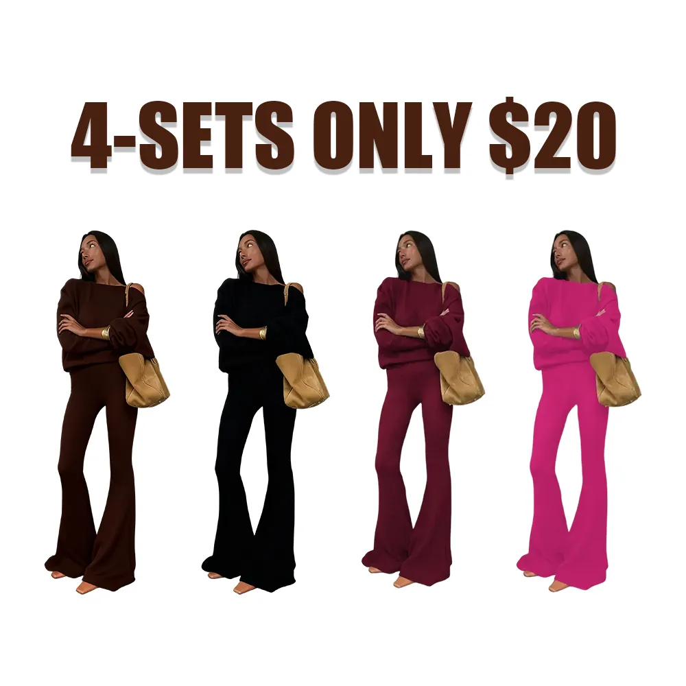 Women's Solid Asymmetrical Neck Top & Flare Leg Pants Set