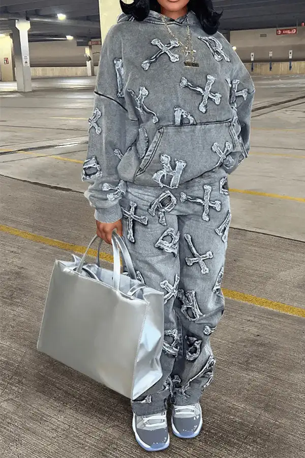Imitation Denim Print Casual Pocket Hooded Pant Set
