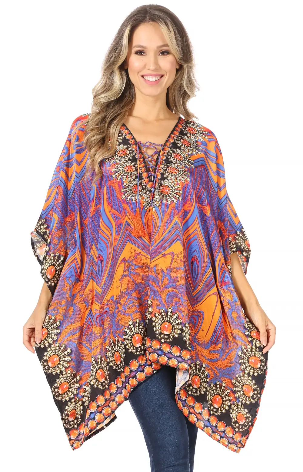 Women's Caftan Poncho Cover up V neck Top Lace up With Rhinestone